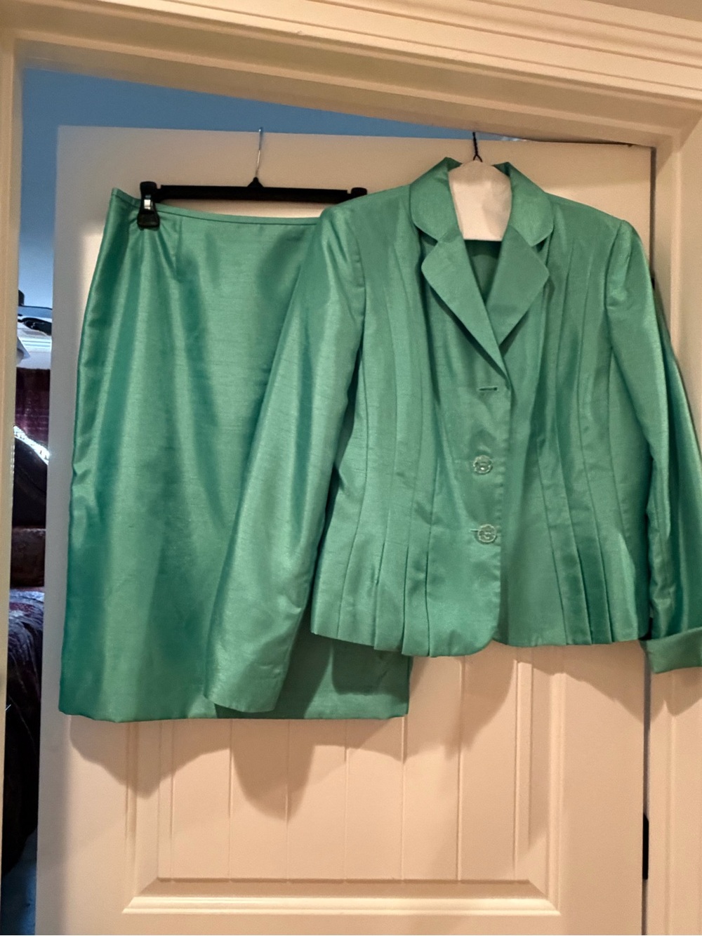 Le Suit Teal Green Skirt Suit Jacket and Skirt Set